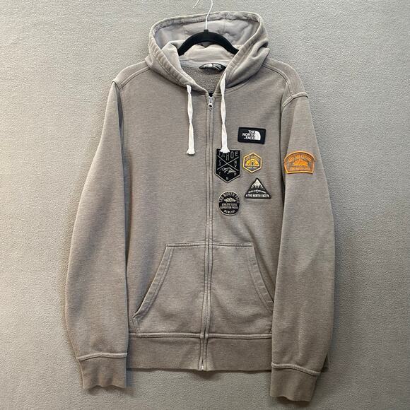 The North Face Patches Full Zip Hoodie Mens L Grey Cotton Blend Casual - Picture 1 of 16